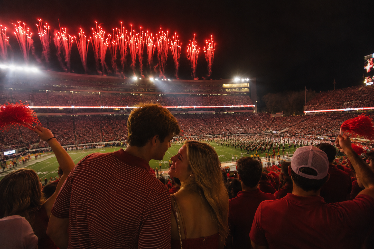 Two people watching fireworks over a packed football stadium